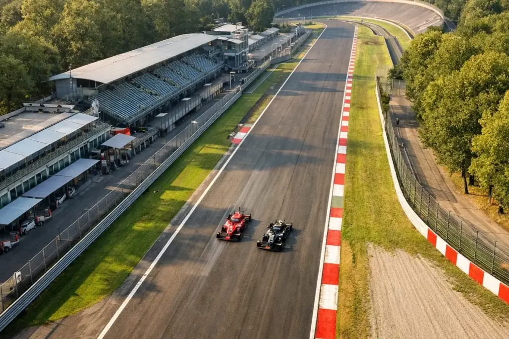 Vista aérea del circuito de Monza con monoplazas recorriendo la recta principal
