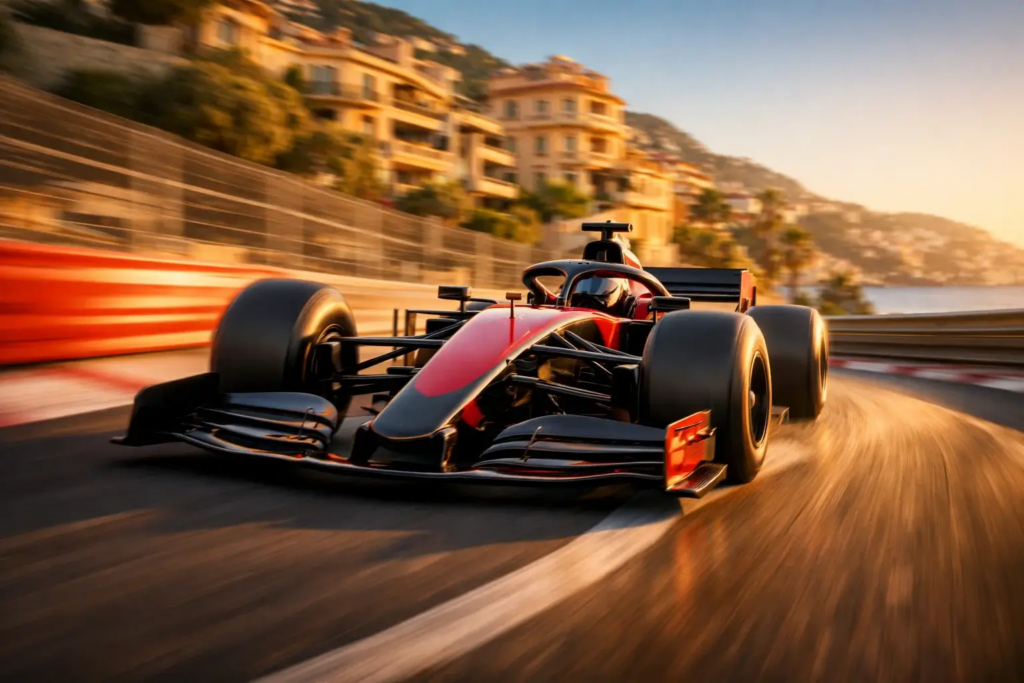 Monoplaza de Fórmula 1 tomando una curva en el circuito de Mónaco durante una carrera