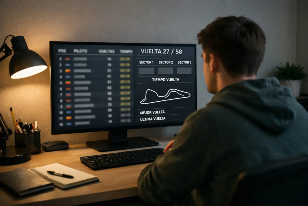 Aficionado analizando datos de Fórmula 1 en una pantalla con estadísticas de carrera