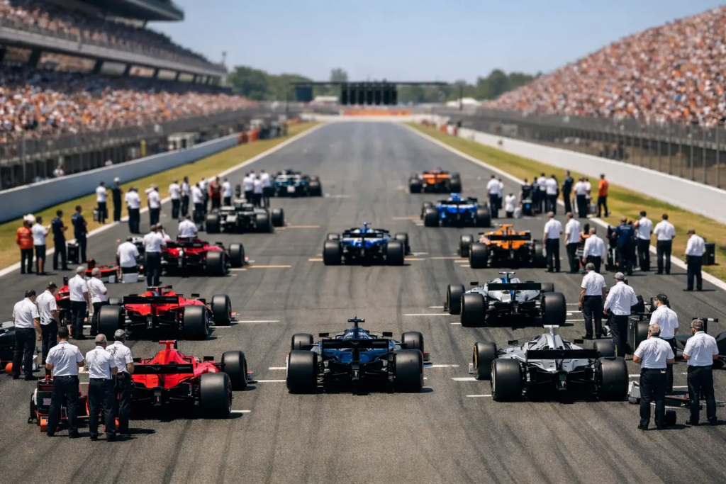 Pilotos de Fórmula 1 preparándose en la parrilla de salida antes de una carrera