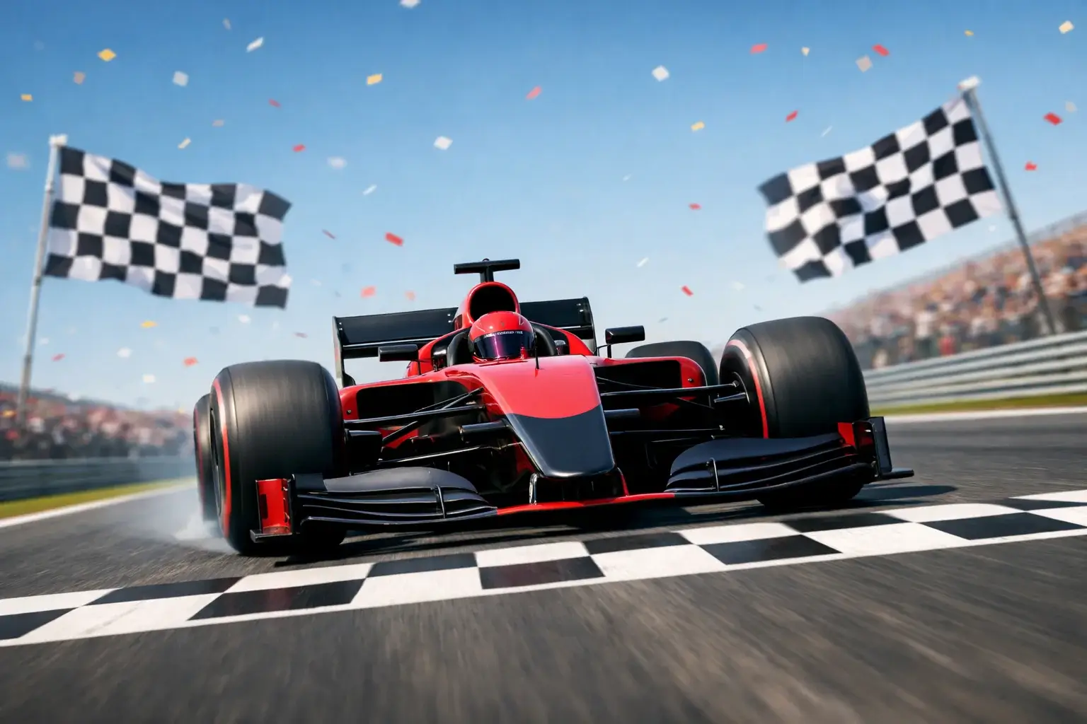 Monoplaza de Fórmula 1 cruzando la meta con banderas ondeando