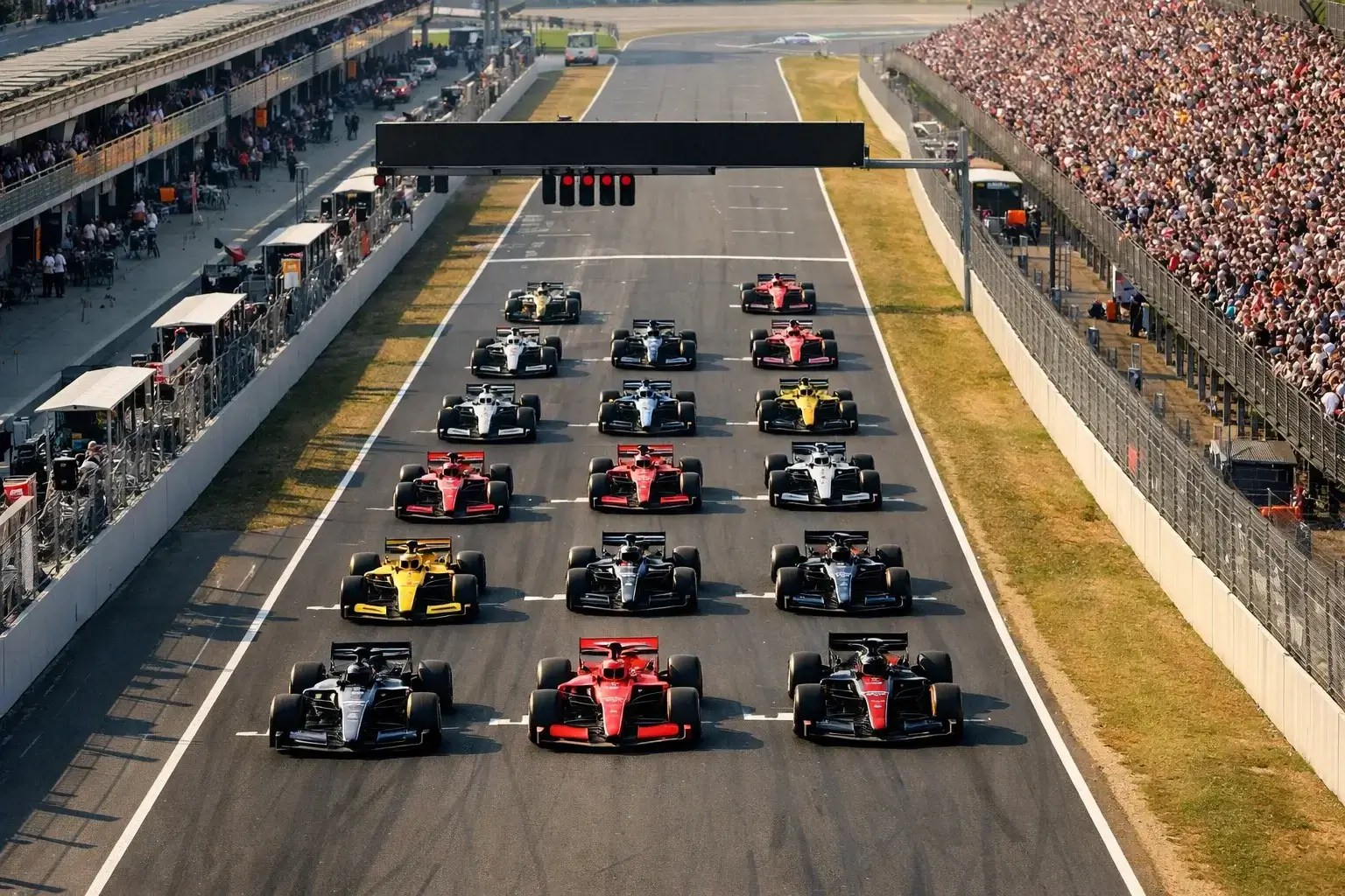Parrilla de salida de un Gran Premio con monoplazas alineados