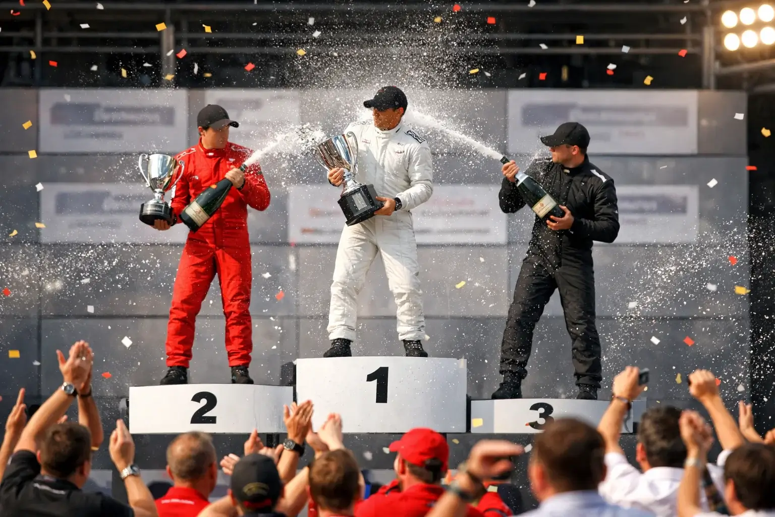 Podio de Fórmula 1 con pilotos celebrando victoria