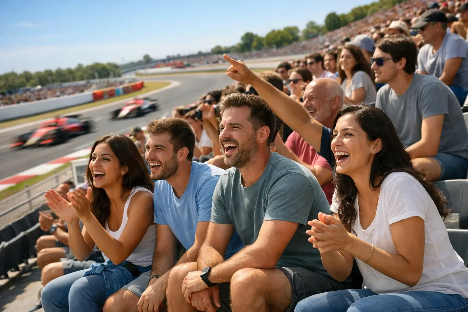 Aficionados de Fórmula 1 viendo carrera en tribuna del circuito