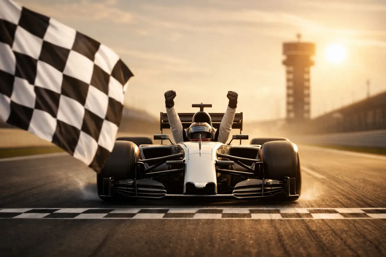 Monoplaza de Fórmula 1 cruzando línea de meta en primer lugar