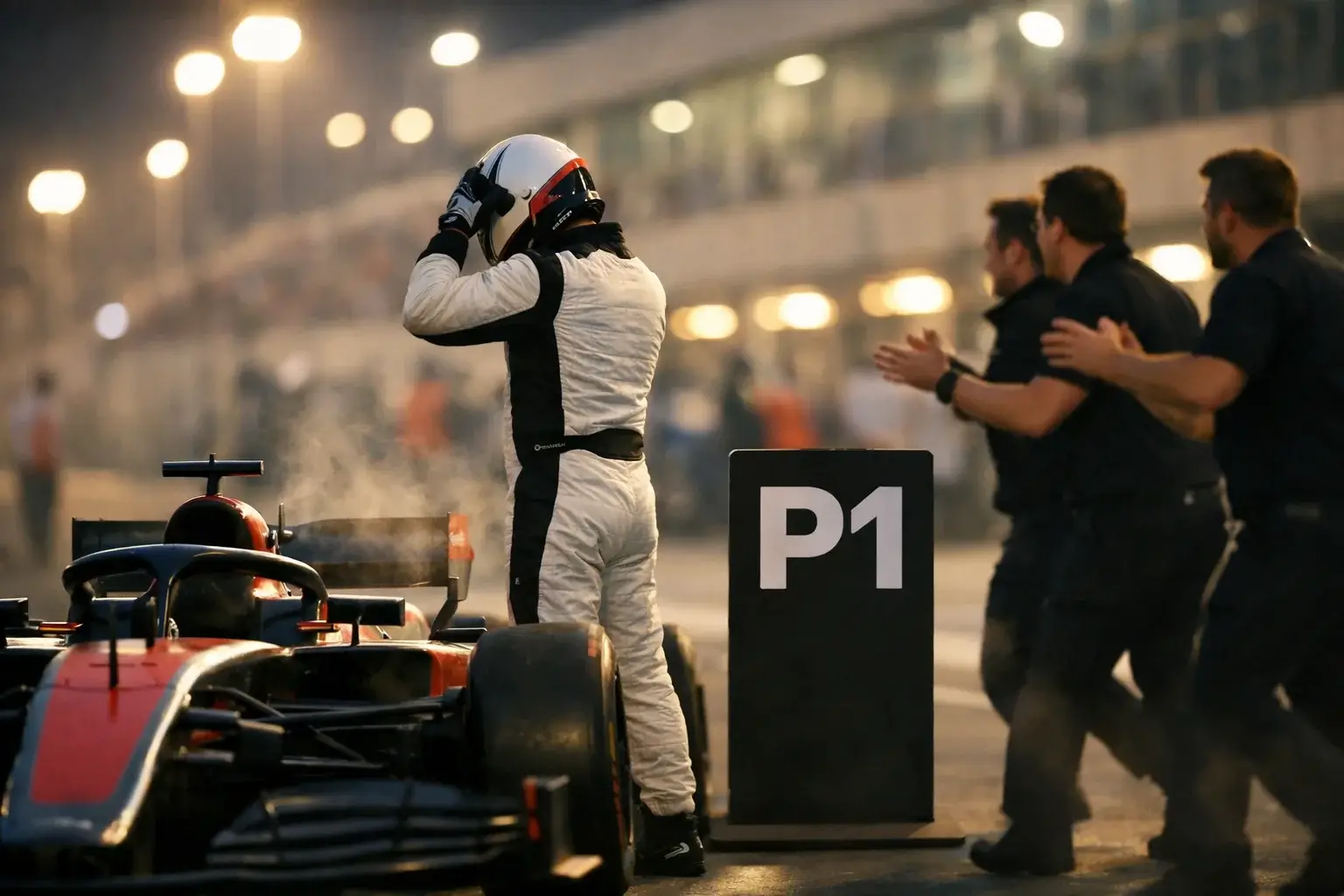 Piloto celebrando pole position con equipo en parc fermé