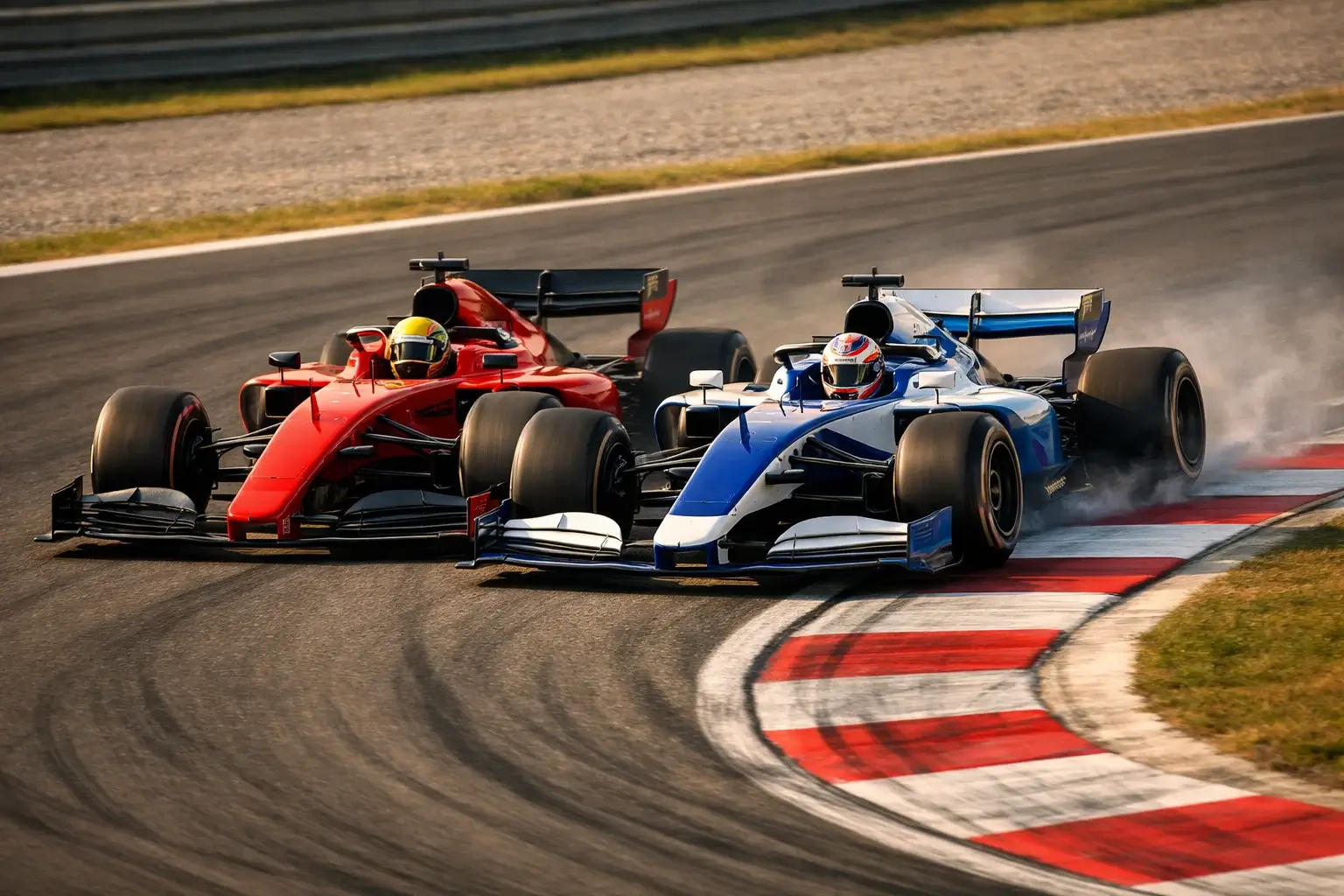 Dos monoplazas de F1 luchando rueda a rueda en curva