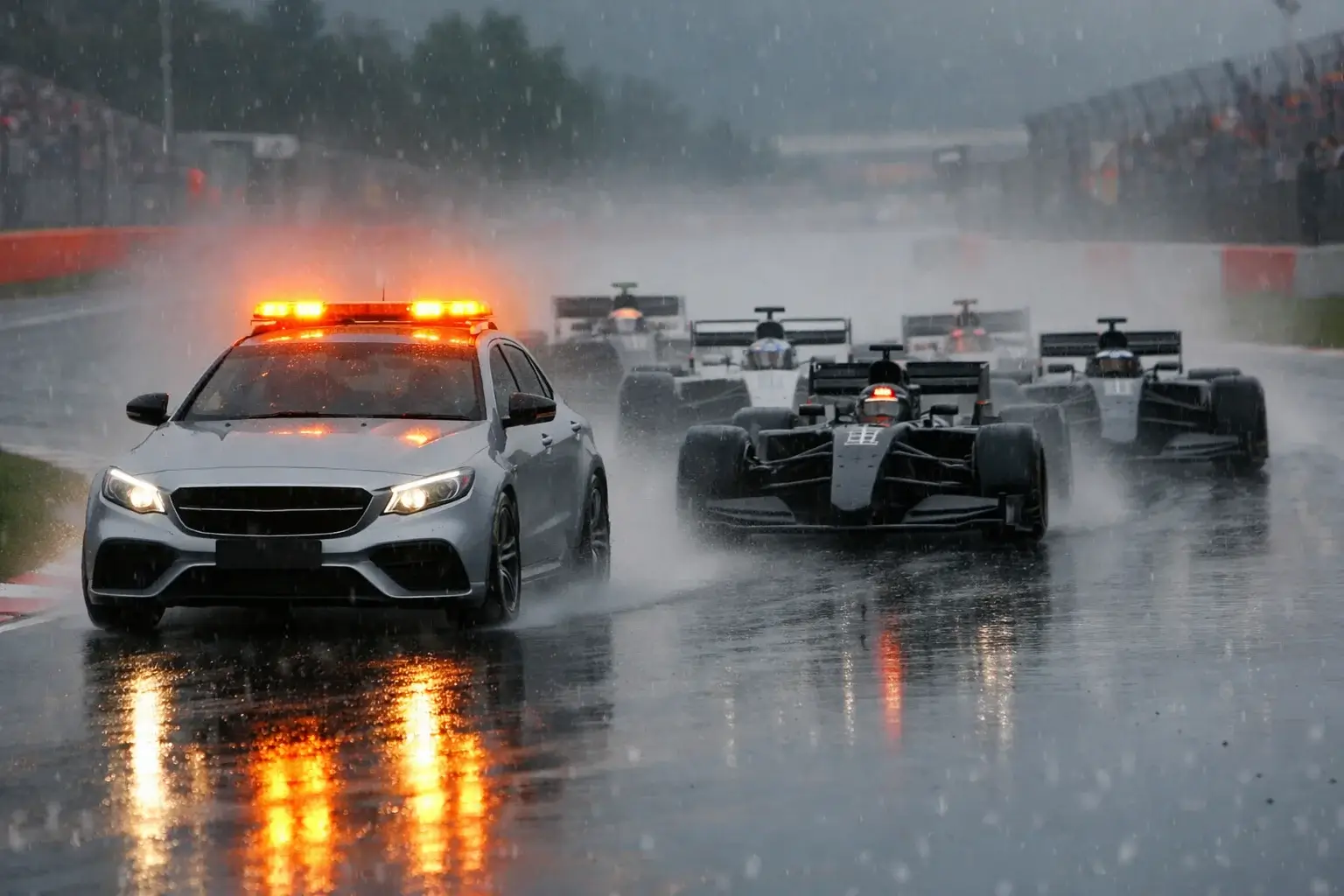 Safety car liderando grupo de monoplazas en pista mojada