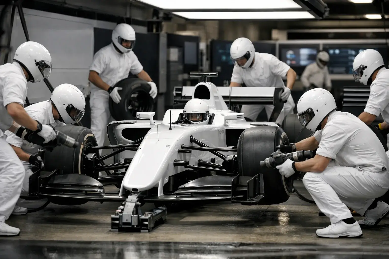 Monoplaza de competición en boxes durante cambio de neumáticos