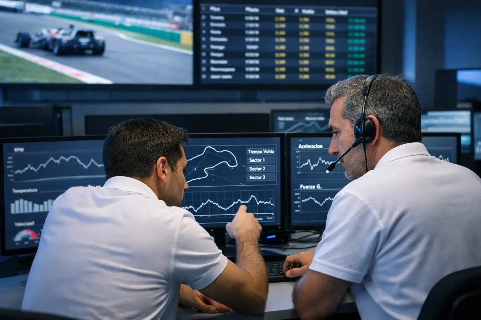 Equipo de ingenieros de F1 analizando datos en monitores