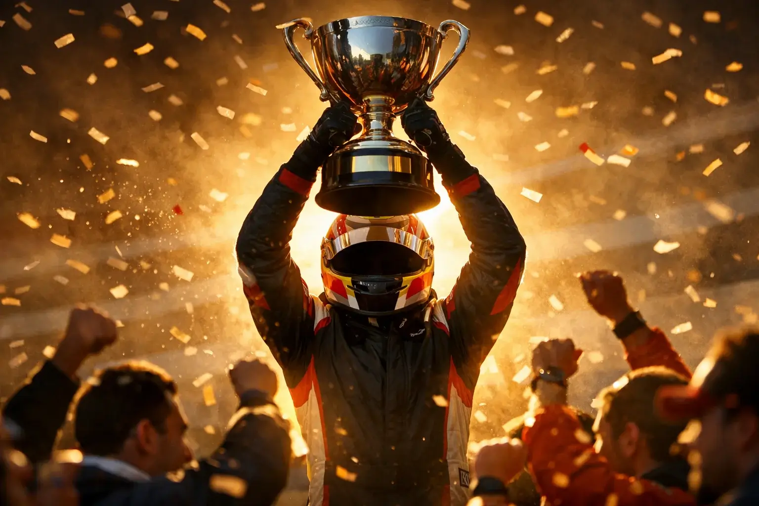 Piloto de Fórmula 1 con casco levantando trofeo de victoria
