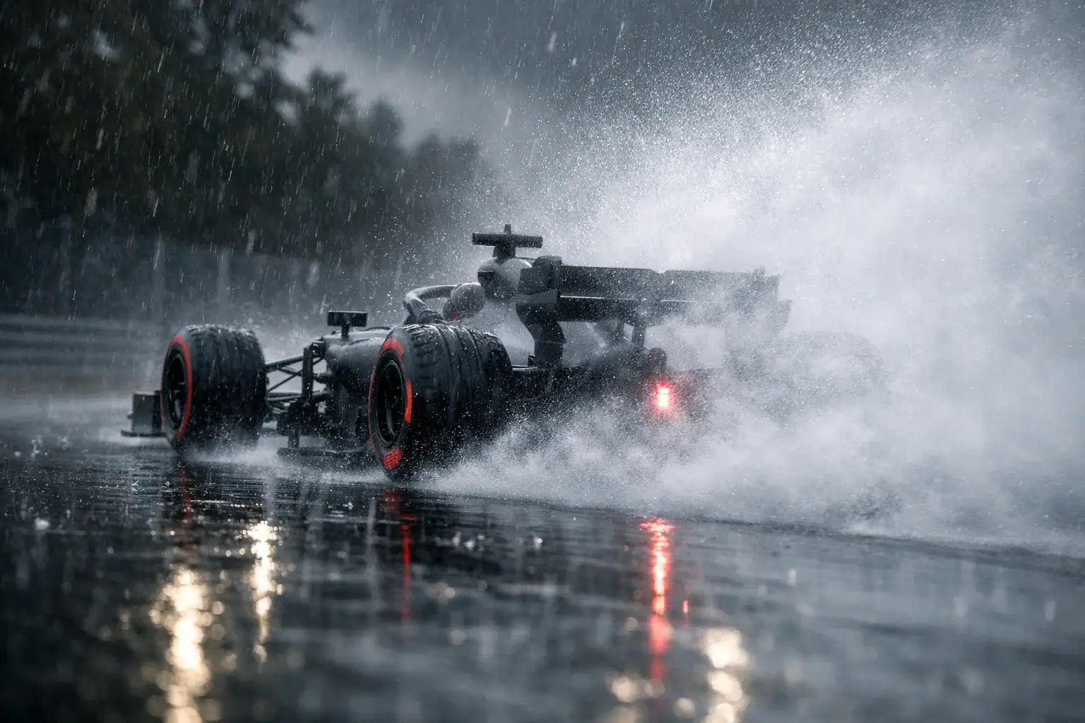 Monoplaza de F1 conduciendo sobre asfalto mojado con spray