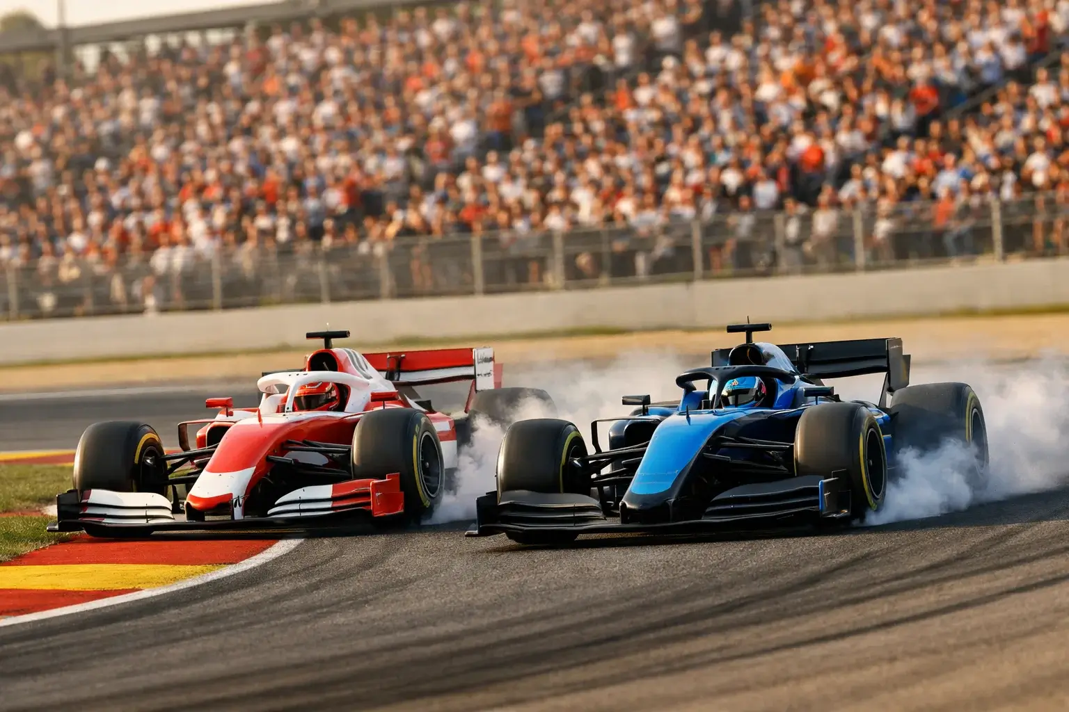 Dos pilotos de F1 compitiendo agresivamente en primera curva