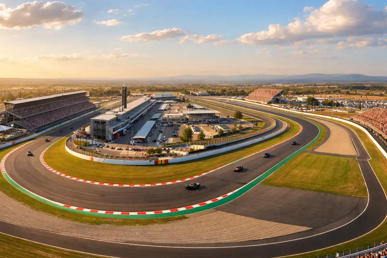 Vista panorámica de circuito de Fórmula 1 con gradas llenas