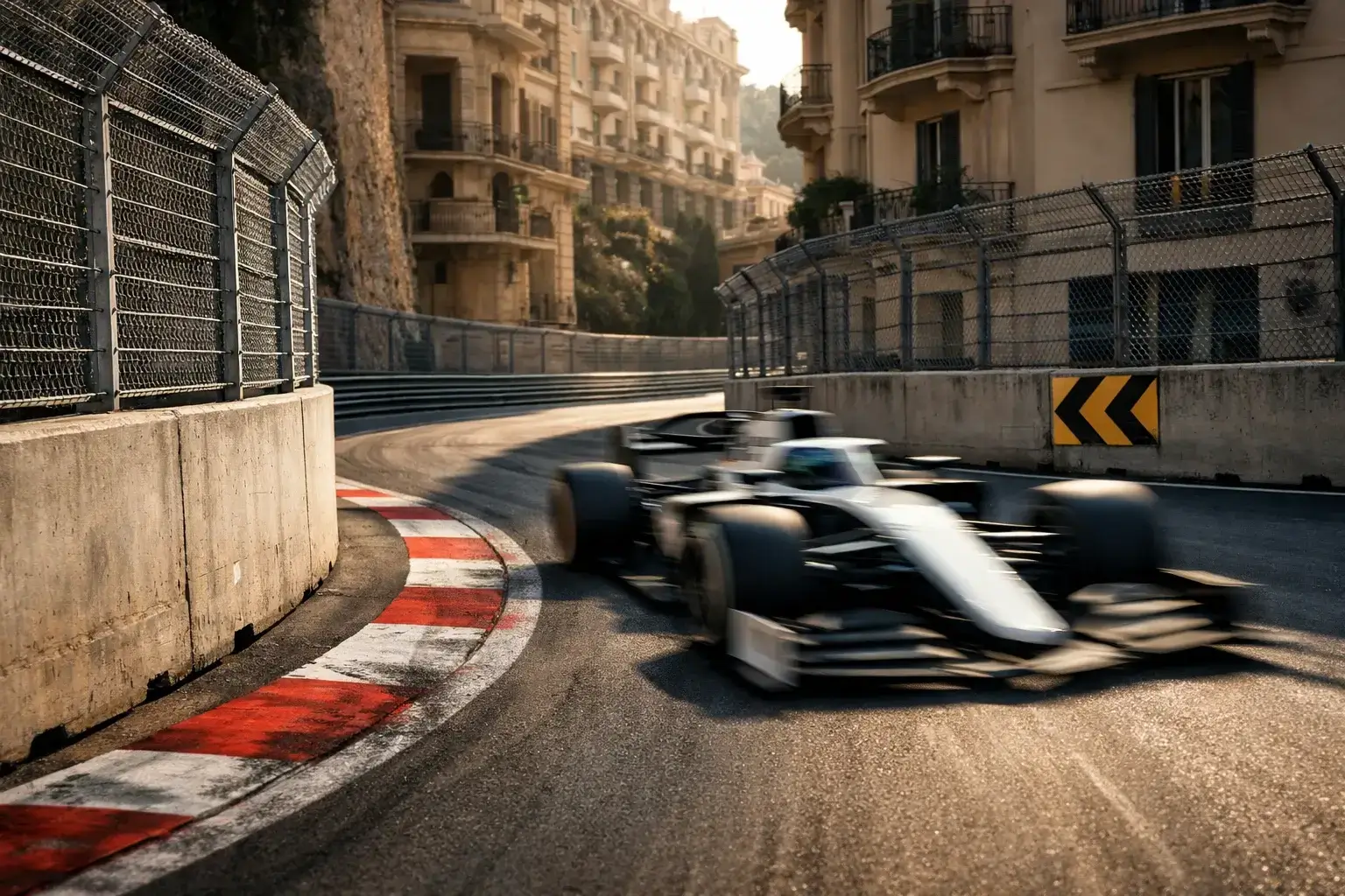 Monoplaza de F1 atravesando calles estrechas de circuito urbano