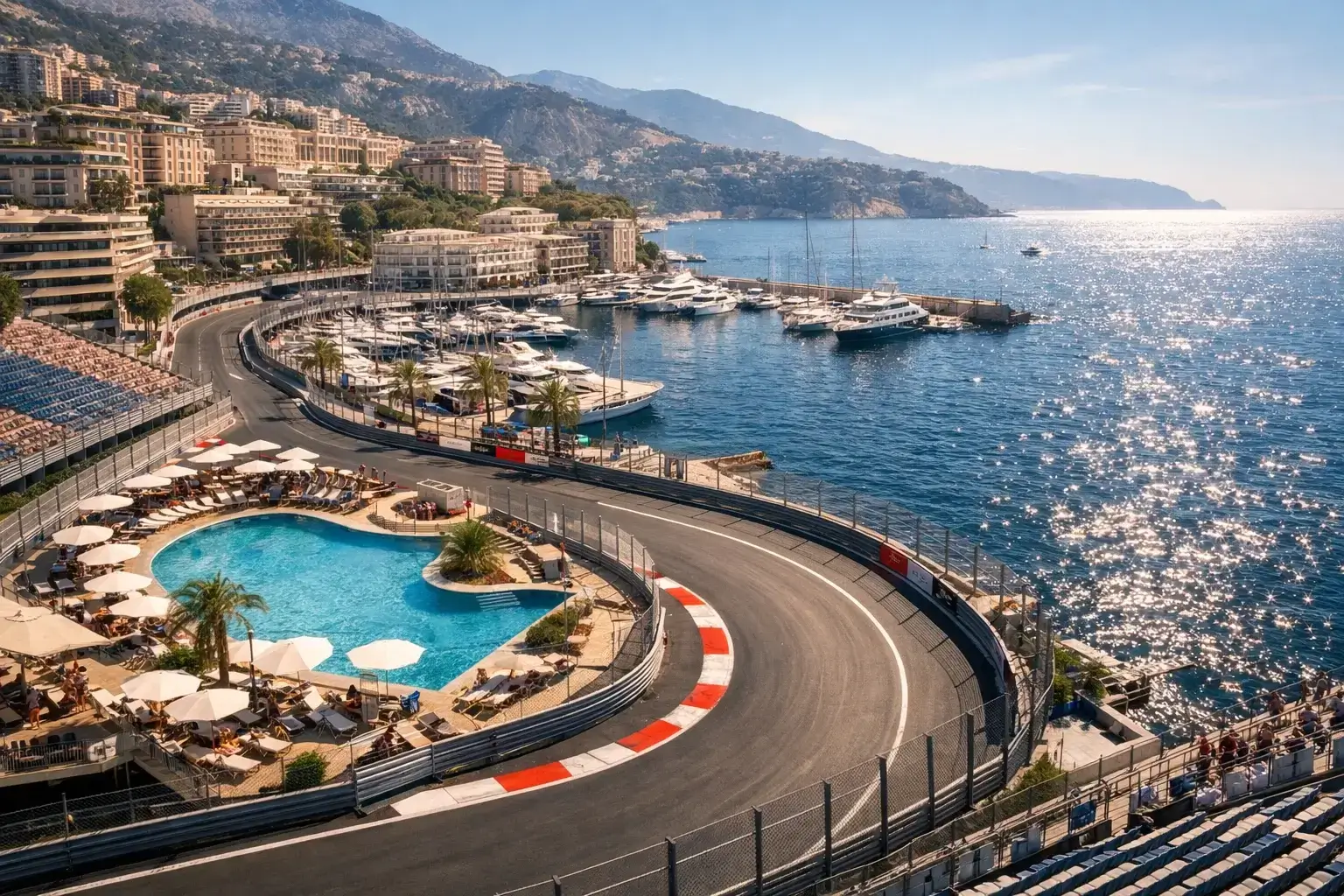 Puerto de Mónaco con yates y circuito de Fórmula 1 visible