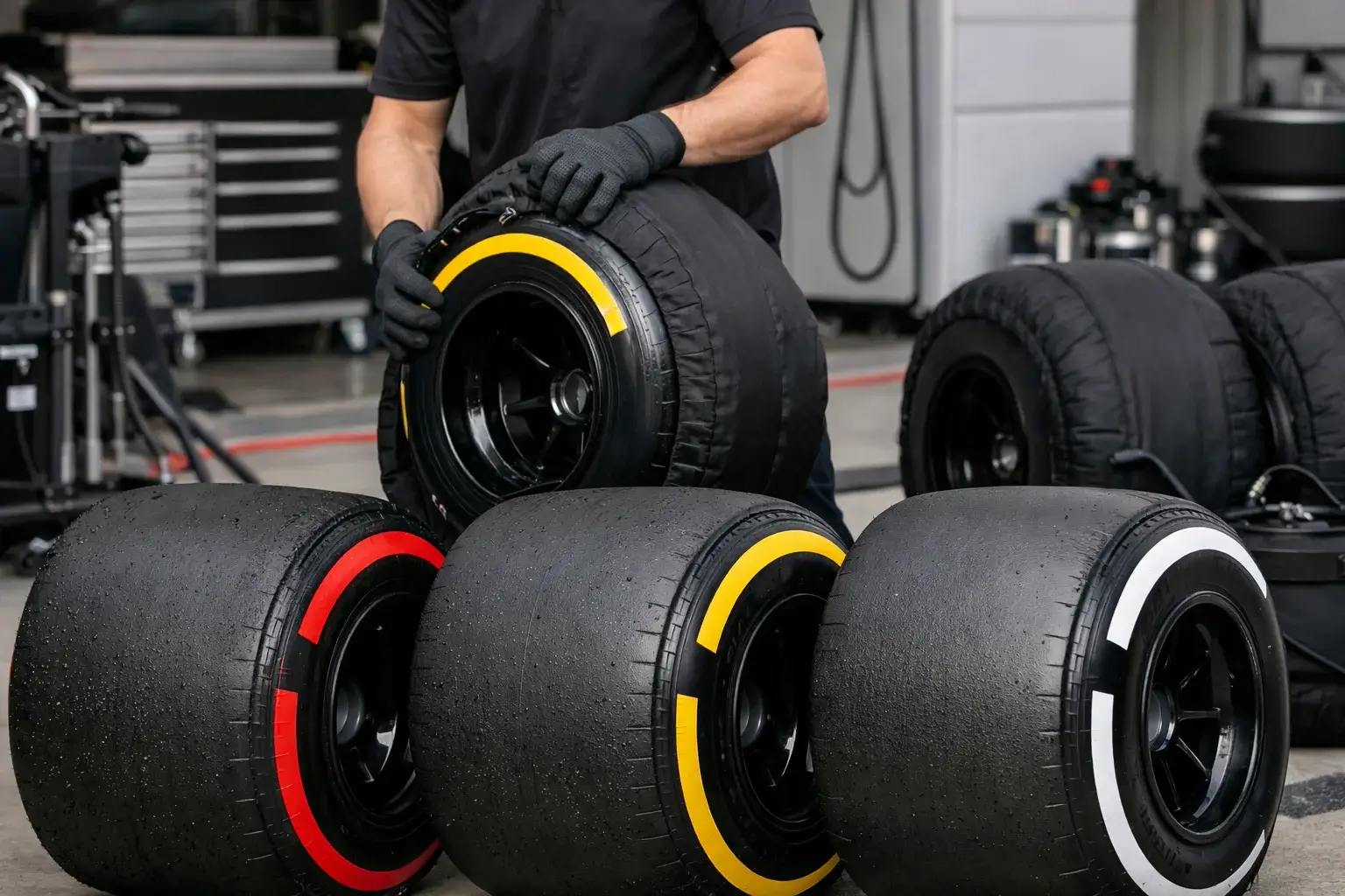 Mecánico de F1 preparando neumáticos de diferentes compuestos