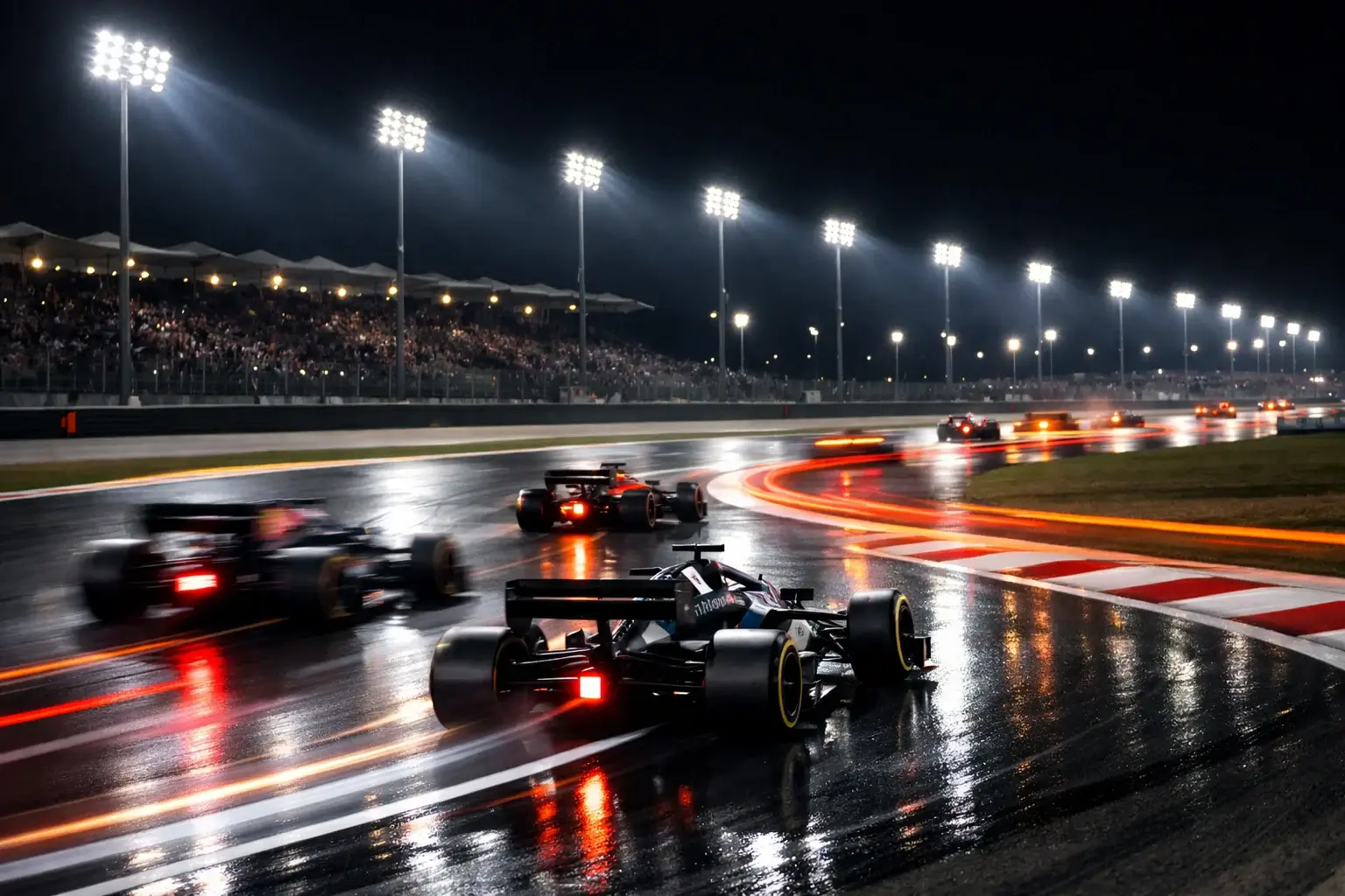Carrera de F1 nocturna bajo focos artificiales en circuito