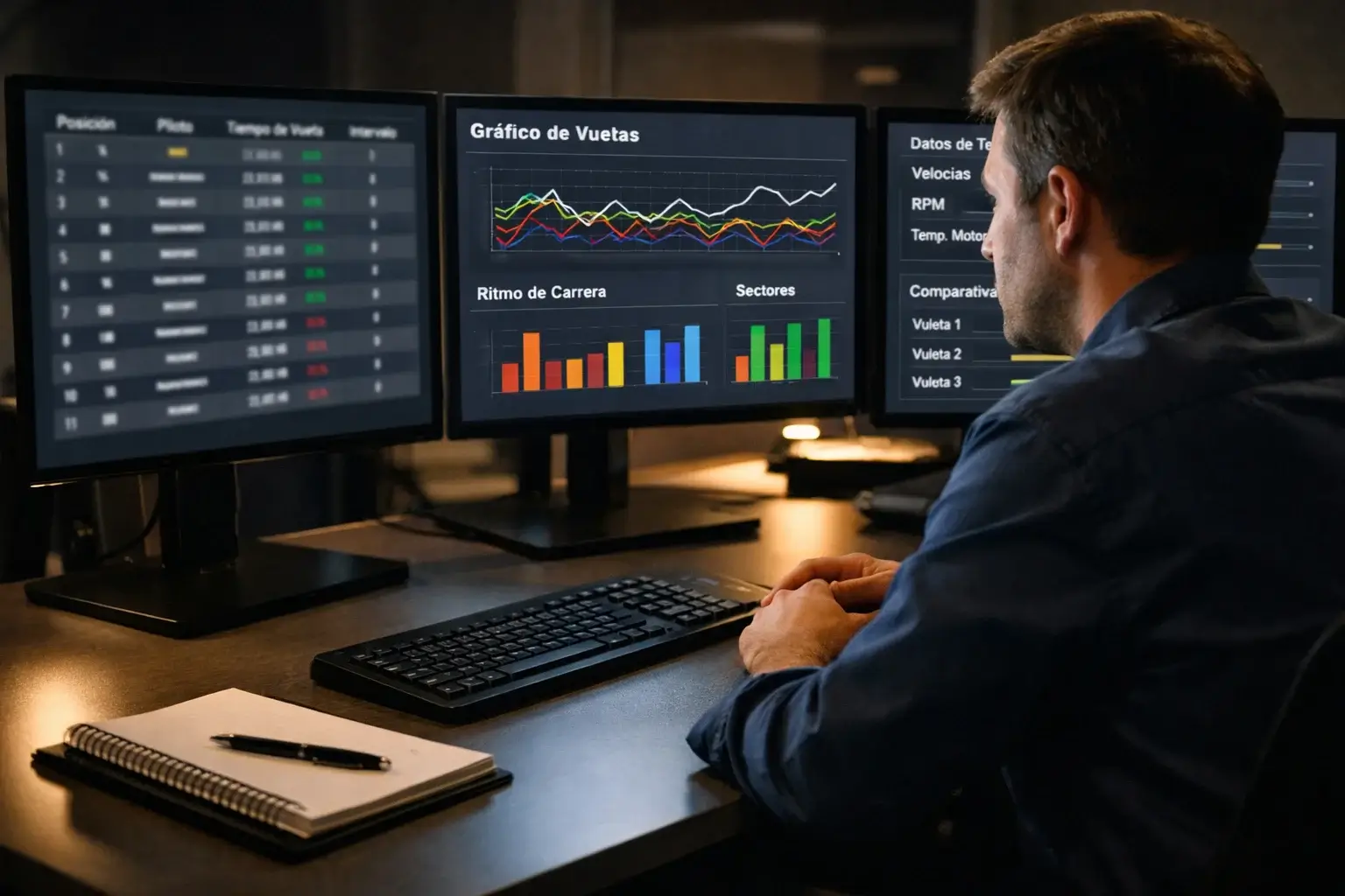 Analista deportivo estudiando múltiples pantallas con datos de F1