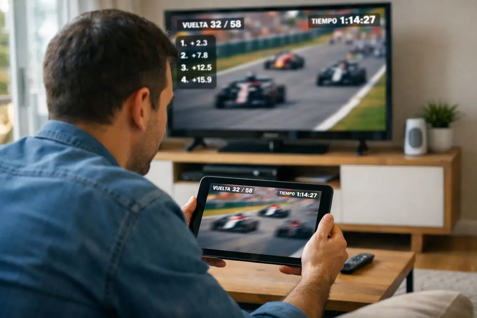 Aficionado mirando carrera de F1 en directo con tablet