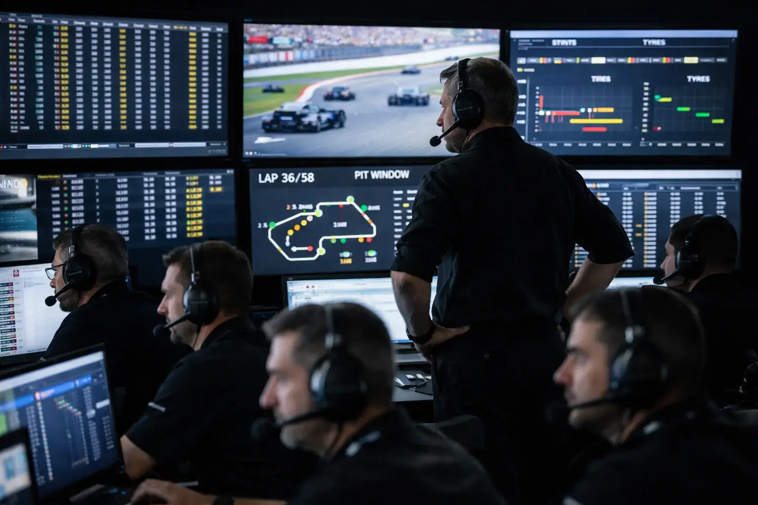 Equipo técnico de F1 en sala de estrategia durante carrera
