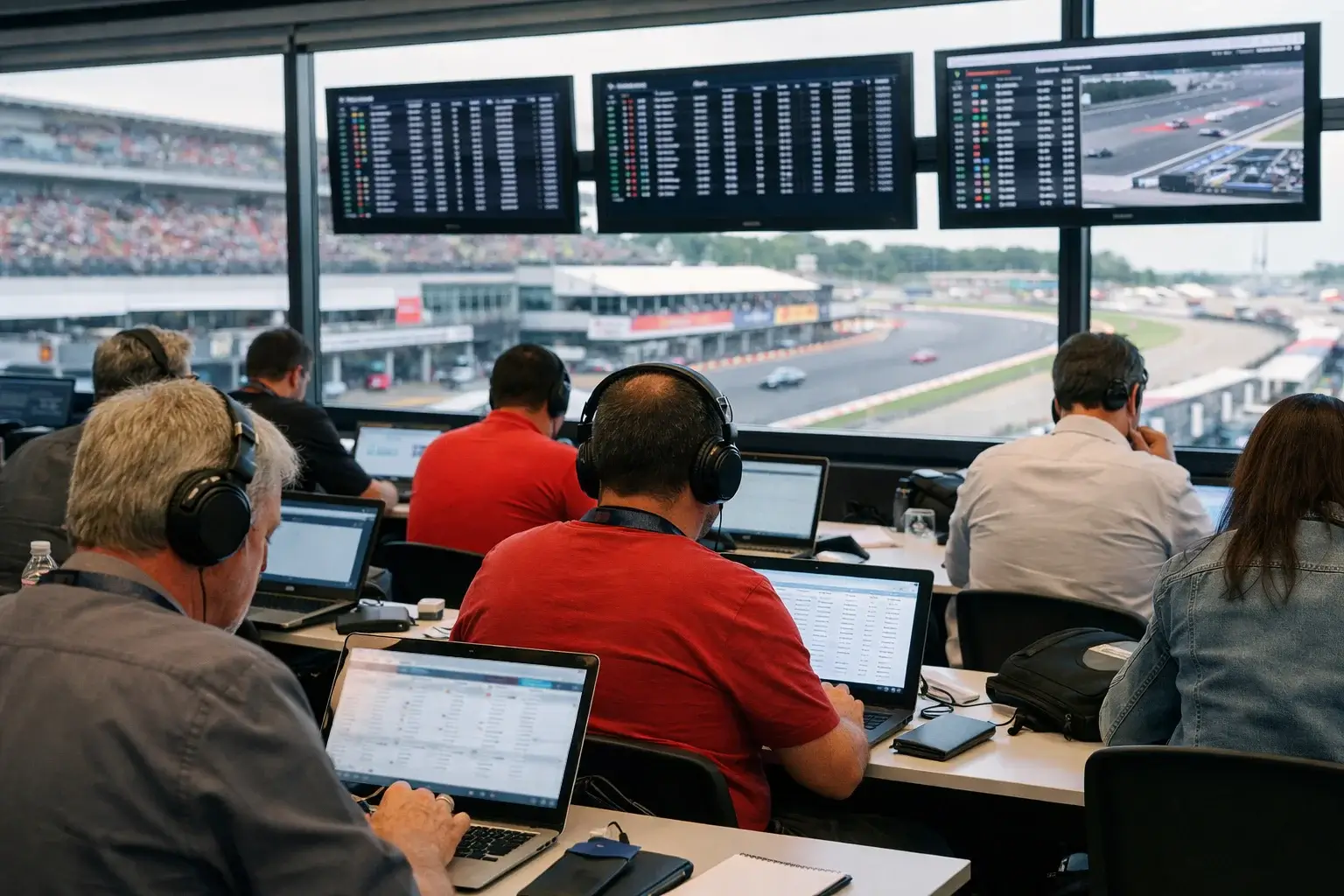Periodistas de motorsport trabajando en sala de prensa del circuito